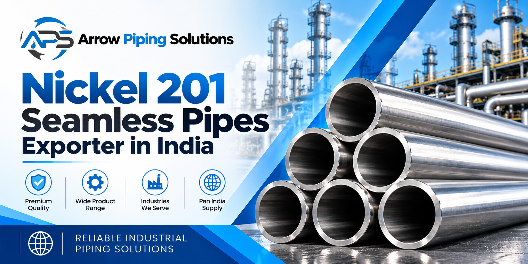 Existing illustrative pipe fittings image; replace with a verified Nickel 201 seamless pipe photograph before publishing